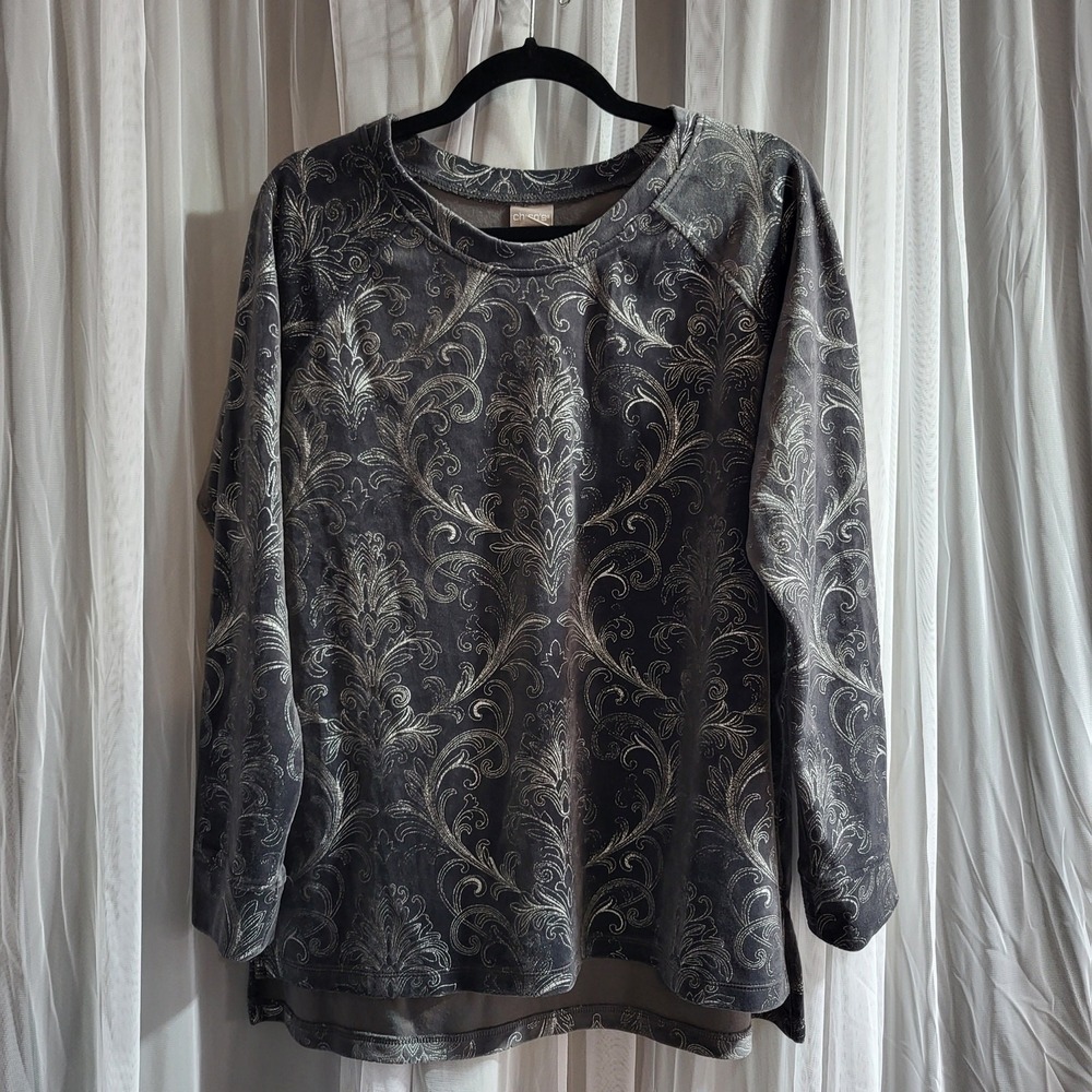 Chico's Zenergy Grey Black Damask Scroll Long Sleeve Womens Tunic US Large 12–14